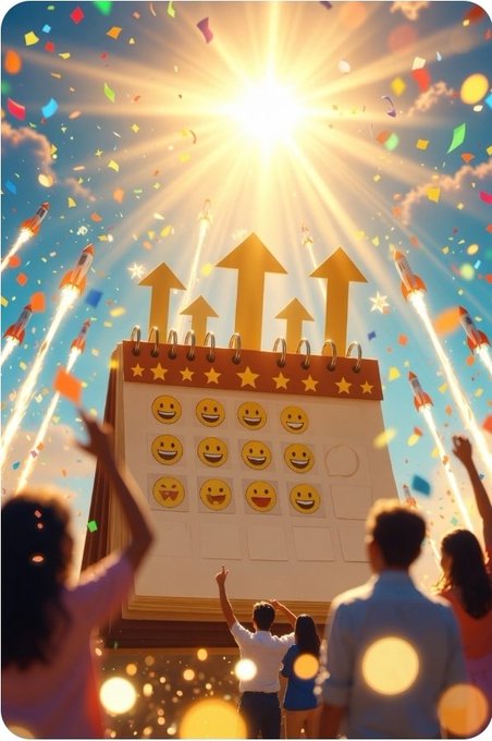A festive, celebratory digital illustration featuring a large calendar with smiley face icons, upward-pointing arrows, confetti, fireworks, and a bright sun, while silhouetted figures cheer below.