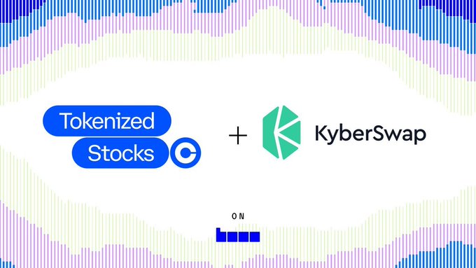 A promotional graphic showing the partnership between Tokenized Stocks (ticker: ON) and KyberSwap, featuring both logos with a plus sign between them, set against a stylized background with "ON" text below.