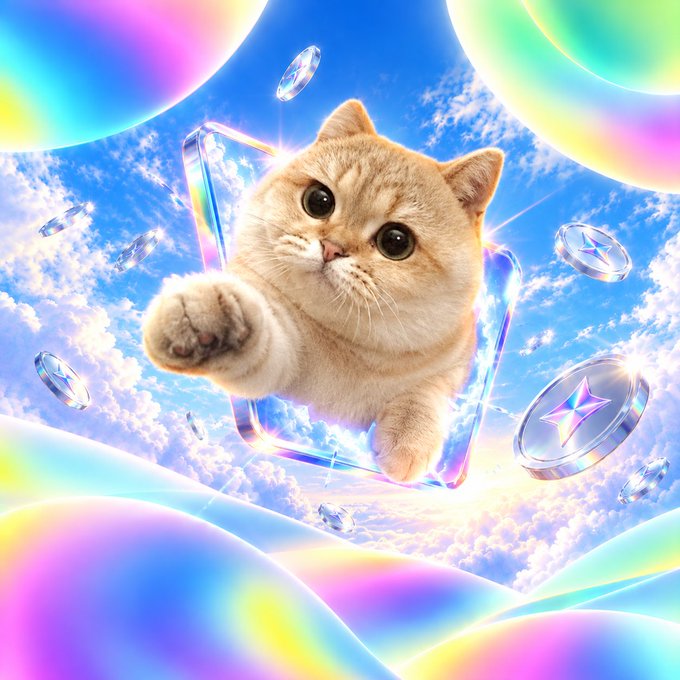An adorable golden British Shorthair kitten floats upward through a dreamy, iridescent pastel cloudscape, its paw reaching out as it bursts through a glowing crystal portal surrounded by floating star-emblazoned orbs and shimmering gems, evoking the celebratory and victorious energy of the "buyback & burn" announcement.