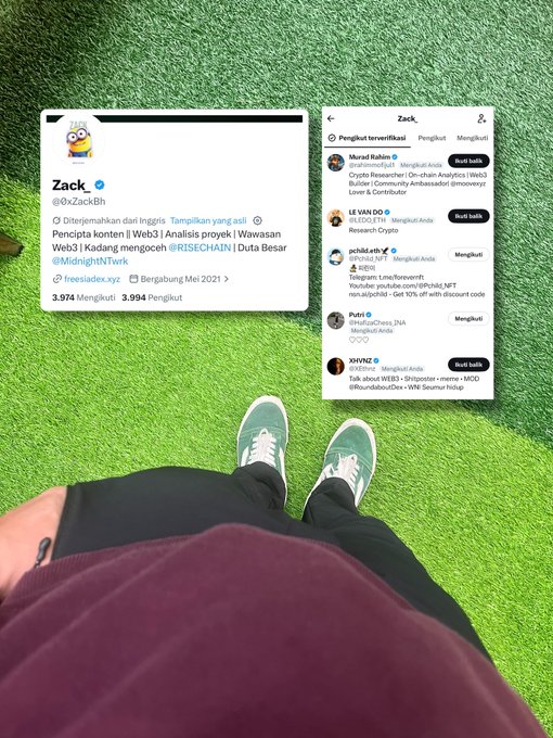 A first-person view looking down at feet in green and white sneakers standing on artificial grass, with two overlaid screenshots of the Twitter/X profiles of @0xZacBh and @ariffazree.