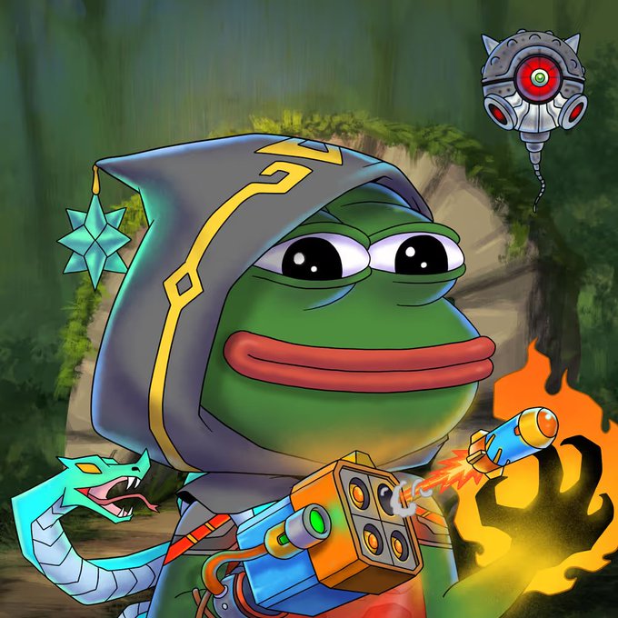 A cartoon green frog character wearing a gray wizard hood fires a flame-throwing weapon, accompanied by a blue dragon and a floating spiked metallic orb in a forest setting.