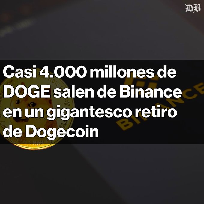 A Spanish-language headline reading 'Casi 4.000 millones de DOGE salen de Binance en un gigantesco retiro de Dogecoin' over a background of a Dogecoin coin and the Binance logo.
