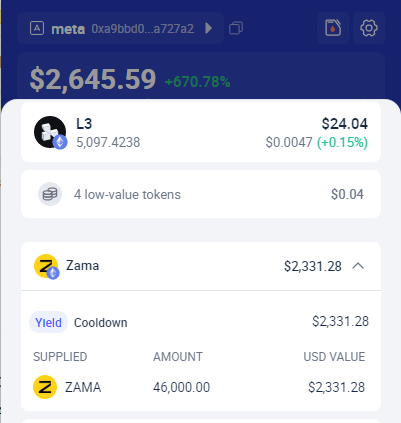 A MetaMask wallet screenshot showing a balance of $2,645.59, with holdings in L3 ($24.04) and Zama ($2,331.28).