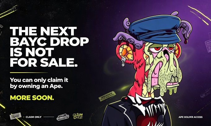 A promotional graphic for an upcoming BAYC airdrop, featuring a cartoon ape in a blue cap and tuxedo with text reading "THE NEXT BAYC DROP IS NOT FOR SALE. You can only claim it by owning an Ape. More soon." The image supports the post's message about new exclusive perks available only to existing BAYC holders, reinforcing the "claim only, not for sale" nature of the upcoming drop.