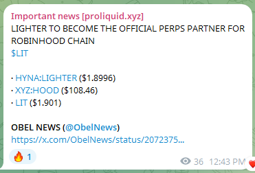 A tweet from "Important news" announces that Lighter will become the official perps partner for Robinhood Chain, listing tickers $LIT (HYNA=Lighter at $1.8996), $XYZ (HOOD at $108.46), and LIT ($1.901), supporting the post's congratulatory message on the partnership.