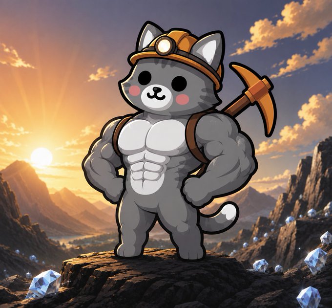 A muscular cartoon cat wearing an orange mining cap and carrying a pickaxe stands triumphantly on a rocky outcrop at sunset, surrounded by scattered blue crystals. The "Chadcat" mascot visually reinforces the post's theme of partnership and "winning together," symbolizing the rewards (crystals) that come from teaming up with a trading buddy.