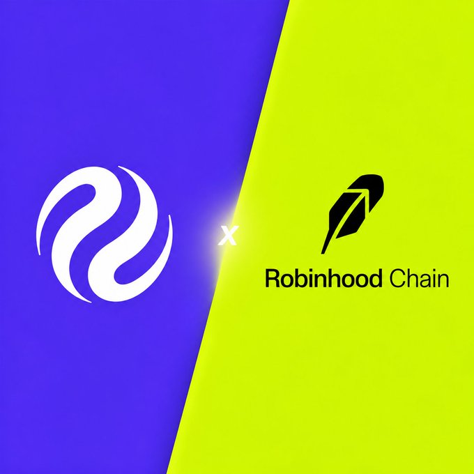 Promotional graphic showing a partnership between two brands, with a white logo on a purple background on the left and the black 'Robinhood Chain' logo with feather icon on a green background on the right, separated by an 'x'.