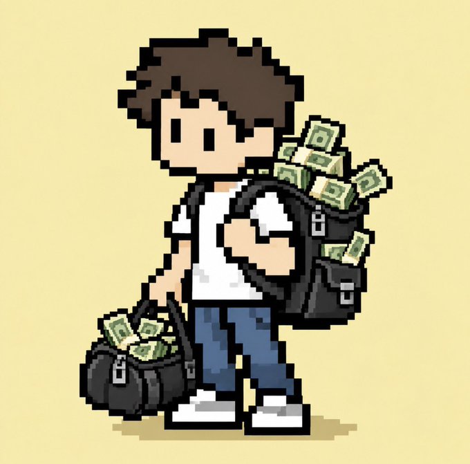 Pixel art illustration of a brown-haired character in a white t-shirt and jeans, carrying two black duffel bags overflowing with stacks of green dollar bills.