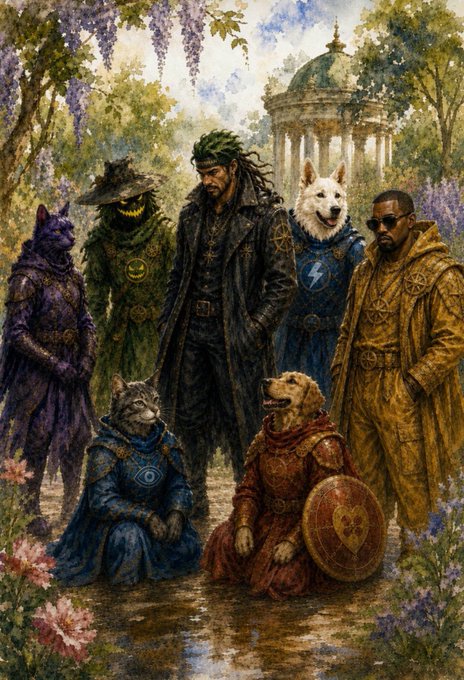 A diverse group of fantasy heroes—including anthropomorphic cats, dogs, a wolf, and human warriors in elaborate robes—gather in a sunlit garden featuring a classical domed gazebo and wisteria blossoms, evoking a heroic assembly awaiting the arrival of "F6 Season" tied to the featured tokens ($TSUKI, $YzY, $gork, $BOLT, $buddy, $RWA). The mysterious, robed figures and their companions mirror the eclectic, meme-driven roster of crypto projects named in the post.