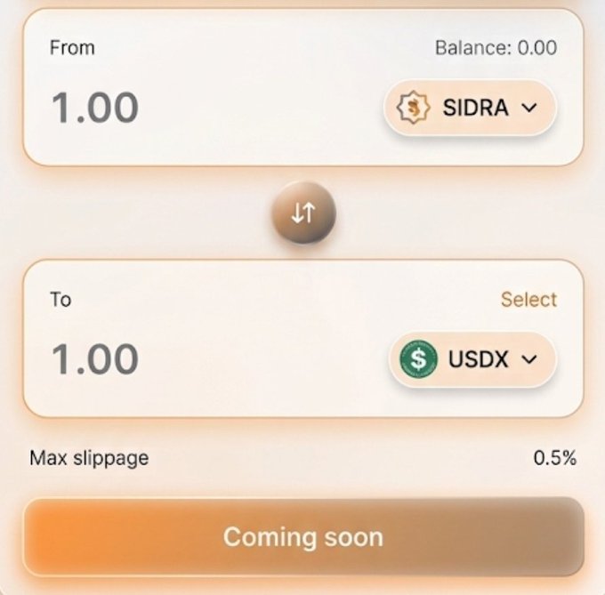 A cryptocurrency swap interface showing a token exchange from SIDRA to USDX, with a swap amount of 1.00, 0.5% max slippage, and a disabled 'Coming soon' button.
