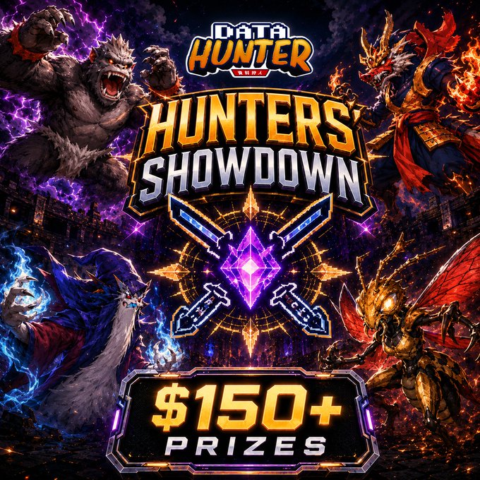 A promotional poster for 'DATA HUNTER' featuring 'HUNTERS SHOWDOWN' with fantasy creatures like a yeti and demons, crossed swords, and text advertising '$150+ PRIZES'.