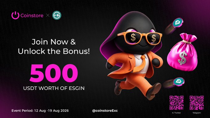 A Coinstore × ESGIN promotional banner features a cartoon ninja mascot in orange attire and dollar-sign sunglasses holding a money bag, announcing a giveaway of "500 USDT worth of ESGIN" from August 12-19, 2026, with the accompanying post confirming the upcoming Gleam campaign launch on August 12th at 18:00 (UTC+8).