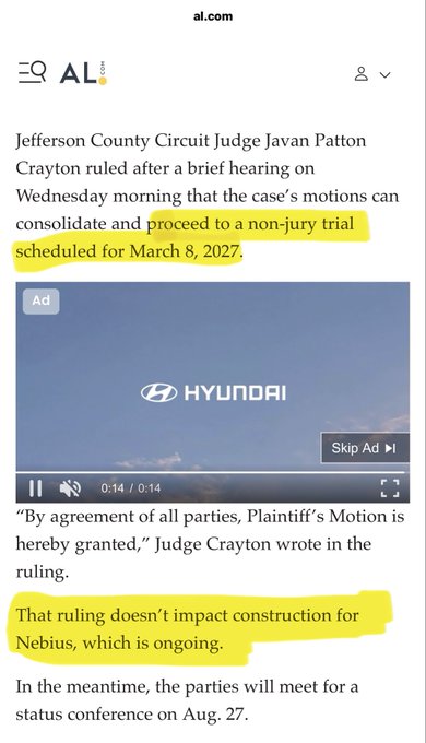A screenshot from al.com shows news about a Jefferson County Circuit Court case involving Nebius, with the article highlighting that a non-jury trial is scheduled for March 8, 2027, and that construction for Nebius is ongoing, supporting the bullish sentiment expressed in the post about $NBIS.