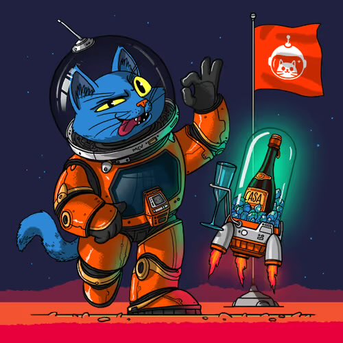An illustration of a blue cat wearing an orange astronaut suit, waving next to a rocket-shaped champagne cooler with a NASA-labeled bottle, set against a dark space background with a red flag.