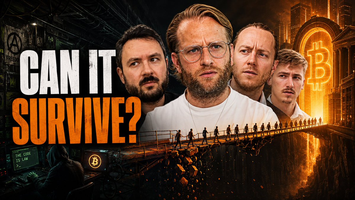 Bold YouTube thumbnail featuring four men's faces overlaid on a fiery Bitcoin-themed scene with a glowing "₿" symbol and a queue of silhouetted figures crossing a precarious bridge, with large white and orange text reading "CAN IT SURVIVE?" — visually framing the livestream's debate on Bitcoin's trade-off between fringe cypherpunk self-custody ideals and global mainstream adoption. A small "ANARCHY" logo and a monitor displaying "THE CODE IS LAW" reinforce the sovereignty-under-pressure narrative tied to discussion topics like self-custody and BIP110.