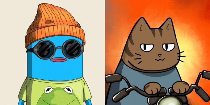 Two cartoon illustrations are shown side by side: a blue fish-like character wearing sunglasses and an orange beanie, and a brown tabby cat riding a motorcycle.