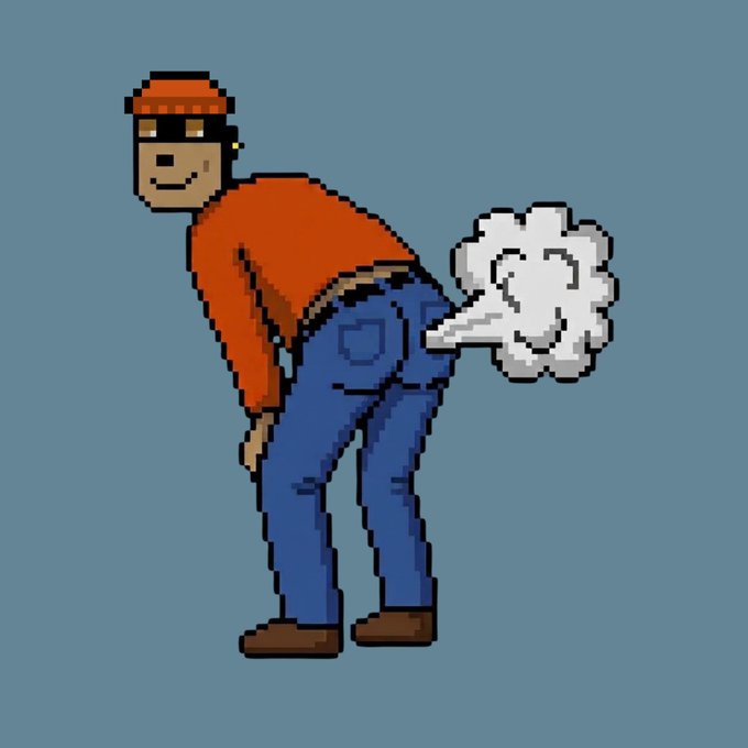 An 8-bit style pixel art character wearing a red beanie, sunglasses, red shirt, and blue jeans bends over while farting a cloud, against a blue background.