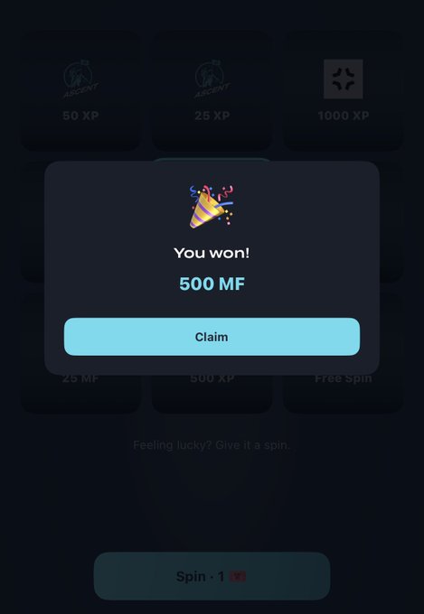 A Seeker mobile app screen displays a "You won!" notification with a party popper emoji, showing a reward of "500 MF" above a "Claim" button, with a "Spin -1" indicator at the bottom. The image illustrates the gamified "walk to earn" reward system on the Seeker phone, showcasing how users can accumulate MF tokens through the Ticket Spin feature in Moonwalk, as highlighted in the caption.