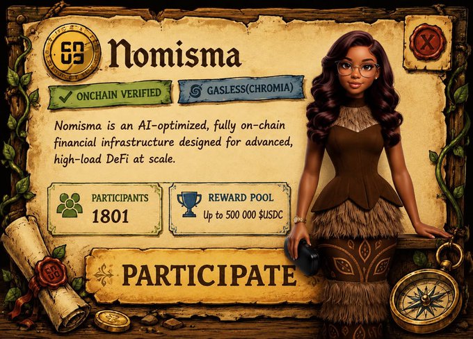 A promotional graphic for 'Nomisma,' an AI-optimized on-chain financial infrastructure, featuring 1,801 participants and a reward pool of up to 500,000 USDC, with a 'PARTICIPATE' call-to-action button.