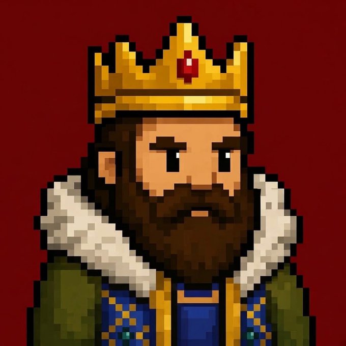 A pixel-art portrait of a bearded king wearing a golden crown with a red gem and a fur-collared royal robe against a deep red background.