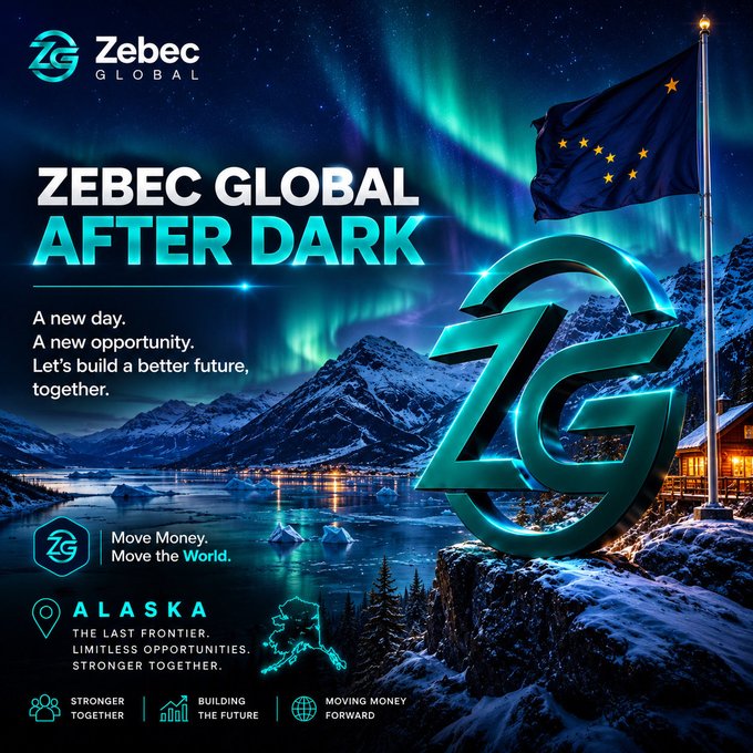 Zebec Global After Dark promotional graphic featuring the ZG logo, tagline "Move Money. Move the World," and Alaska branding ("The Last Frontier. Limitless Opportunities. Stronger Together") set against a stunning aurora-lit arctic landscape with the Alaska state flag, complementing the post's message of global unity and shared vision.