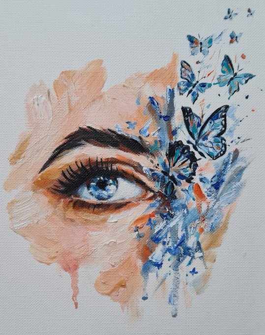 An expressive oil painting of a human eye rendered in blue, with a swarm of blue butterflies emerging and dissolving from the right side of the face.