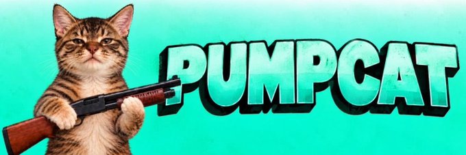 A serious-looking tabby cat holding a shotgun appears on the left side of the banner next to bold, stylized text reading "PUMPCAT," set against a turquoise background—visually matching the post's description of $PUMPCAT as an "armed tabby" serving as the guard cat of Solana.