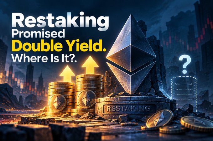 The image displays the text "Restaking Promised Double Yield. Where Is It?." alongside a large Ethereum logo resting on a pedestal labeled "RESTAKING," stacks of gold coins marked with Ethereum symbols, and an empty stack with a question mark—visually representing the missing yield highlighted in the post, which contrasts restaking's modest ~$100K weekly fees against liquid staking's $27M to show the "second yield" never materialized.