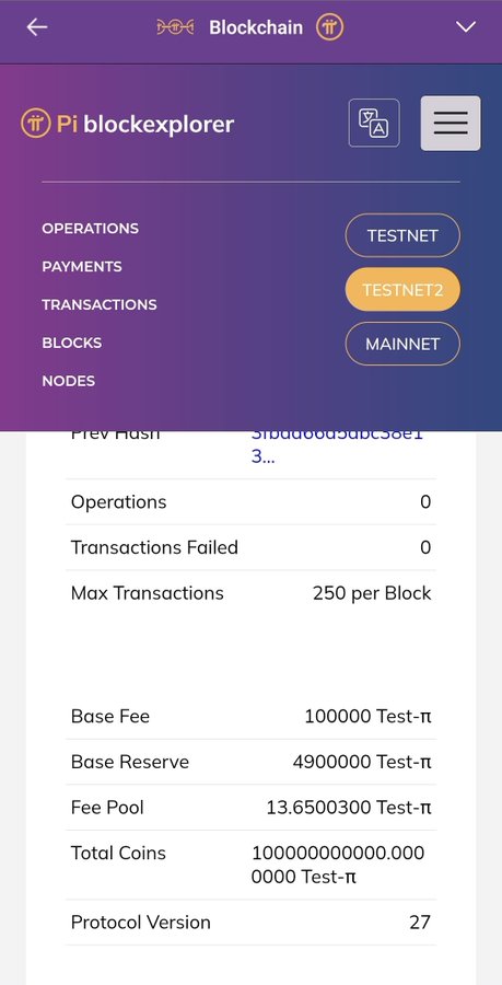 A Pi Network block explorer interface showing blockchain statistics for TESTNET2, including 0 operations, 0 failed transactions, max 250 transactions per block, and a base fee of 100000 Test-π.