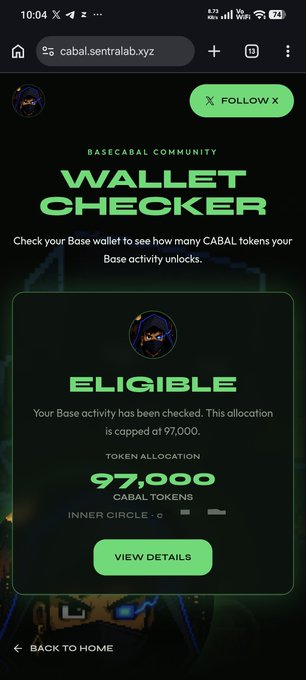 A mobile screenshot from cabal.sentralab.xyz displays a "WALLET CHECKER" page for the BaseCabal Community, showing an "ELIGIBLE" status with a token allocation of 97,000 CABAL TOKENS and a "VIEW DETAILS" button, directly illustrating the poster's claim of checking their eligibility and discovering 97,000 claimable $CABAL tokens.