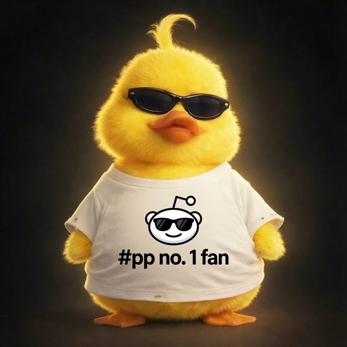 A fluffy yellow chick character wearing sunglasses and a white t-shirt that reads '#pp no. 1fan' with a sunglasses-wearing Reddit logo.