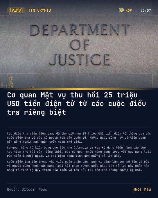 A Vietnamese crypto news graphic from "KOF" dated 26/07 features the U.S. Department of Justice building above a headline announcing that federal investigators have seized over $25 million USDT through investigations into international fraud schemes affecting thousands of victims worldwide. The image directly illustrates the accompanying post about federal agents recovering cryptocurrency tied to global scams, with the source cited as Bitcoin News.