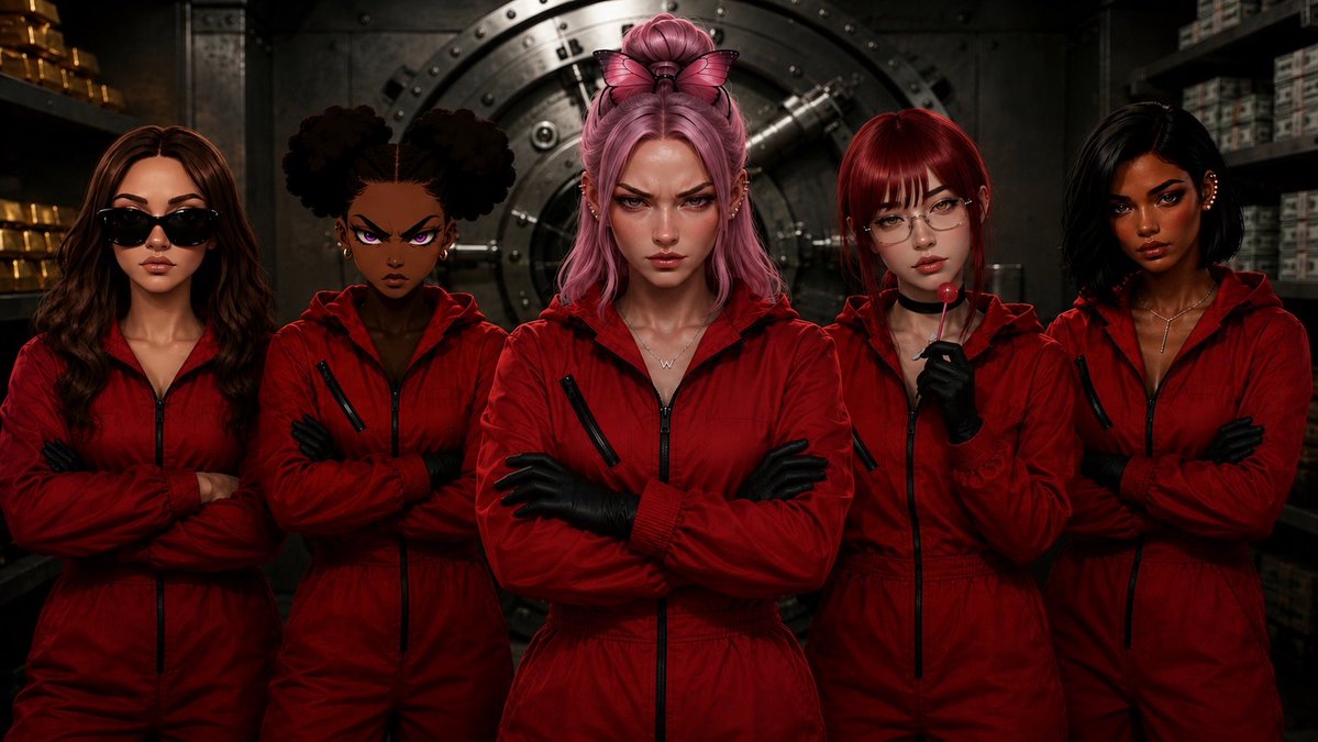 A digital artwork depicting five stylized women in red jumpsuits and black gloves standing confidently in front of a vault door with stacks of cash visible.