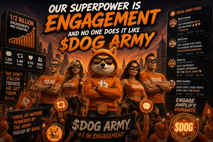 An advertisement for '$DOG ARMY' promoting their engagement numbers, featuring a Shiba Inu mascot in an orange hoodie surrounded by supporters, with text declaring 'Our Superpower Is Engagement' and '1/2 Billion Engagements and Counting.'
