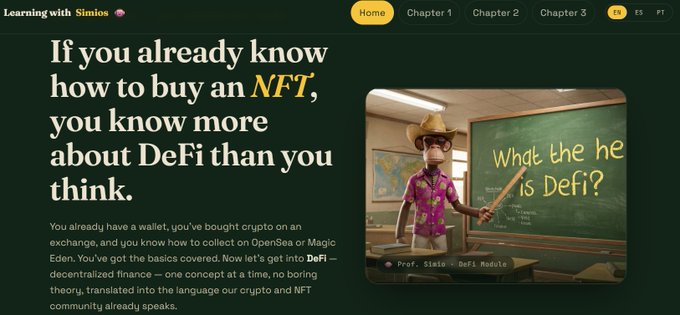 A webpage screenshot from 'Learning with Simios' with the headline 'If you already know how to buy an NFT, you know more about DeFi than you think,' alongside an illustration of a professor character at a chalkboard reading 'What the he* is Defi?'