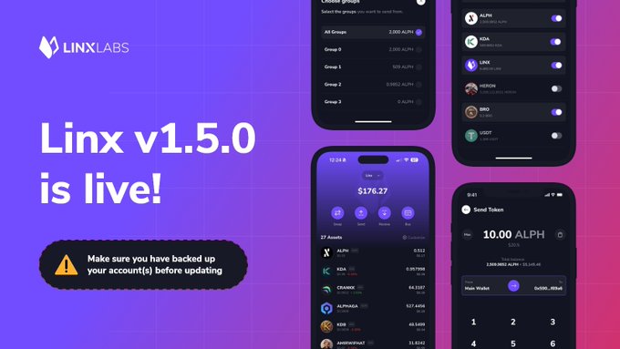 A promotional graphic for 'Linx v1.5.0' by LinxLabs, showing mobile app screenshots of cryptocurrency trading features with assets like ALPH, KDA, and CRAB, advising users to back up their accounts before updating.