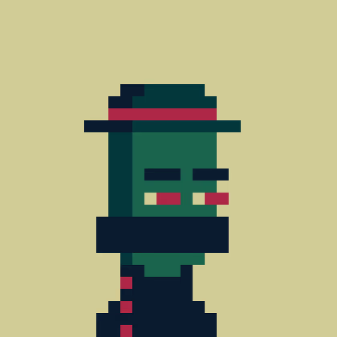 A minimalist pixel-art portrait of a character with a dark hat, red band, green skin, and a cigarette, set against a solid olive-green background.