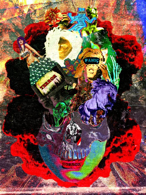 A chaotic mixed-media art piece featuring a skull at the bottom, with a collage of images including a screaming face, a purple panther, bottles labeled 'TERROR' and 'PANIC', and a muscular torso against a red cloudy background.