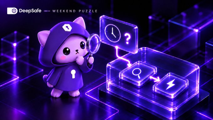 The image features a cute, purple-hooded cat-like character wearing a detective outfit, holding a magnifying glass while examining a glowing blue puzzle interface that displays interconnected icons—a clock with a question mark, a magnifying glass, and a lightning bolt—surrounded by a network of violet light cubes on a dark background. The top of the image shows the text "DeepSafe — WEEKEND PUZZLE," tying into the post's theme of an investigator exploring atomic blockchain transactions and questioning how old the data a contract checks can be.