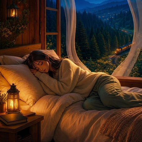 A digital illustration of a woman peacefully sleeping on a bed in a cozy wooden cabin, illuminated by a lantern, with a train passing through a forested mountain landscape visible through the window.