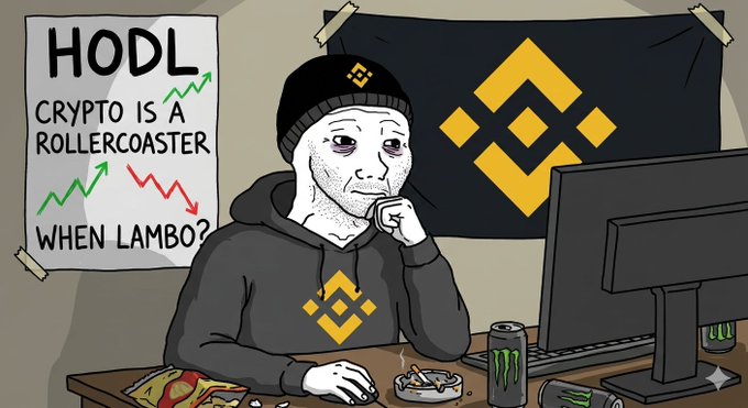 An illustration of the Wojak character in a beanie and hoodie sitting at a computer with a Binance flag behind him, with a poster reading 'HODL - CRYPTO IS A ROLLERCOASTER - WHEN LAMBO?'