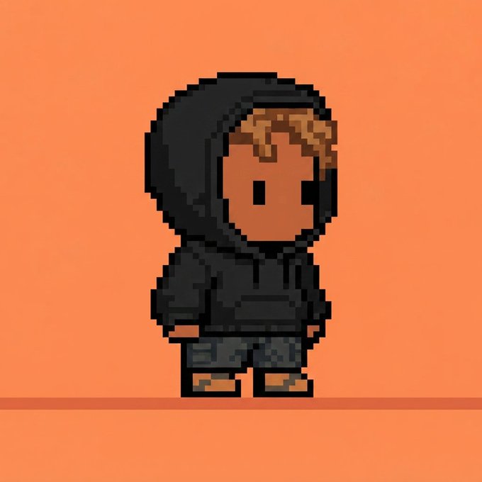 A pixel art character of a child wearing a black hoodie with short curly brown hair, standing against an orange background.