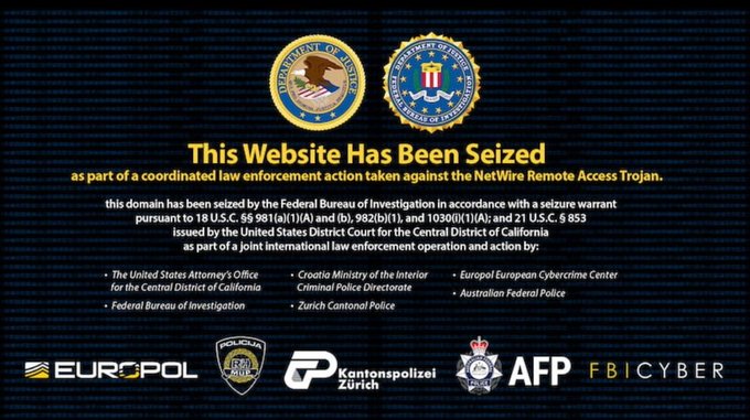 A law enforcement seizure notice stating 'This Website Has Been Seized' as part of an action against the NetWire Remote Access Trojan, featuring FBI and other agency seals.