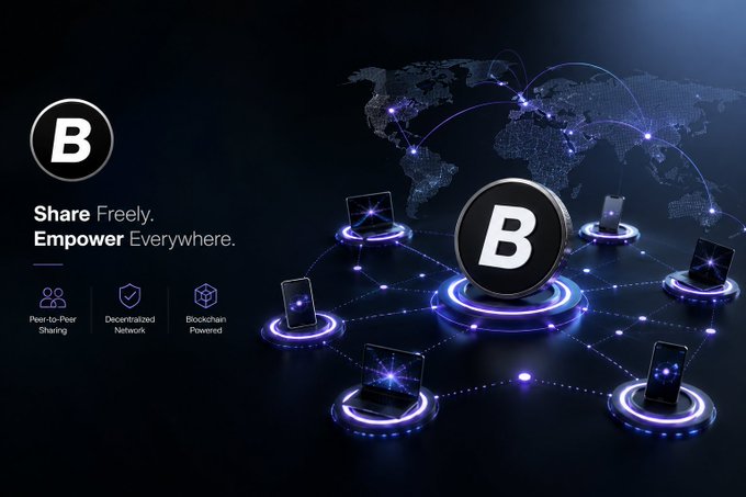 A promotional graphic for a cryptocurrency or blockchain project featuring a 'B' logo with the tagline 'Share Freely. Empower Everywhere.' alongside icons for 'Peer-to-Peer Sharing', 'Decentralized Network', and 'Blockchain Powered', with a world map and connected devices in the background.