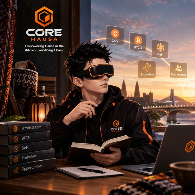 A young man wearing a VR headset and a jacket with the "Core Hausa" logo sits at a desk with books titled "Bitcoin & Core," "BTCFi," "DeFi," "Ecosystem," and "Opportunities," with a "Core Hausa: Empowering Hausa in the Bitcoin Everything Chain" header and floating icons representing Core, BTCFi, DeFi, Ecosystem, and Opportunities behind him. The image visually reinforces the post's message by depicting focused learning and exploration of the Core ecosystem through educational resources, symbolizing the community's mission to make this knowledge accessible to Hausa speakers.