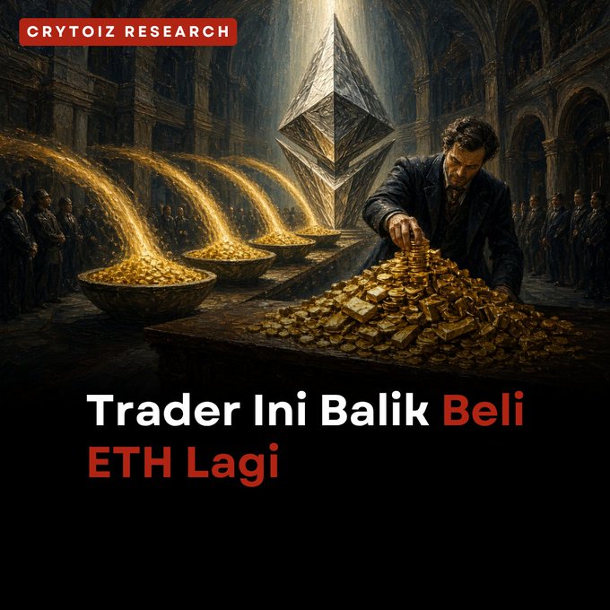 A dramatic crypto-themed illustration shows a man stacking gold coins before an Ethereum crystal with the text 'CRYTOIZ RESEARCH' and 'Trader Ini Balik Beli ETH Lagi'.