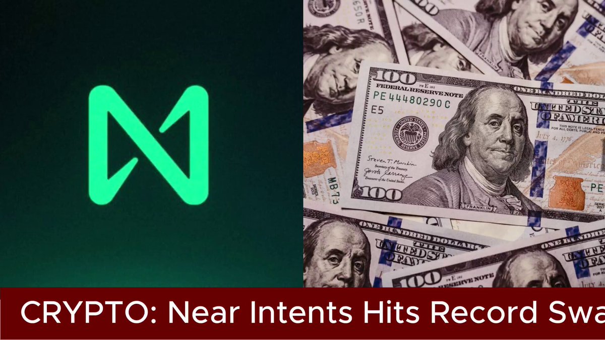 The image shows a close-up of a stack of US dollar bills with the text "CRYPT! Near Intent Swaps Hit Record Swa" above them, which reads "Near Intents Hits Record Swa". This suggests that there is an increase in cryptocurrency trading volume and interest among users. The image also includes a logo for Bitcoin Core, indicating that this might be related to Bitcoin or blockchain technology.