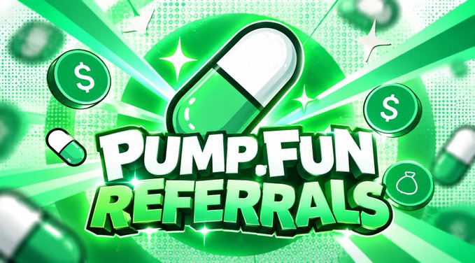A vibrant green promotional graphic for 'PUMP.FUN REFERRALS' featuring pill and dollar sign icons.