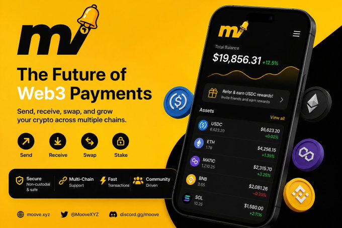 An advertisement for 'moove.xyz' promoting 'The Future of Web3 Payments' showing a mobile wallet interface with a total balance of $19,856.31 and assets including USDC, ETH, MATIC, BNB, and SOL.