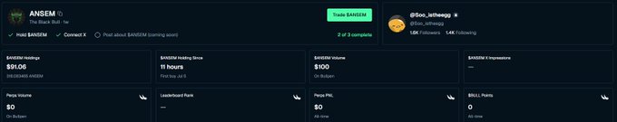 The image shows the Rock Bull leaderboard page highlighting user "ANSEM" (@Soo_antheegg) with $91.06 in $ANSEM Holdings, $100 in $ANSEM Volume, and a Top 3 ranking, though no PUMP Volume or BULL Points are displayed. The post suggests the user is frustrated that their trading activity with $ANSEM from the previous night wasn't reflected on the leaderboard, which aligns with the image showing $0 Pump Volume and $0 Bull Points despite their $100 in volume.